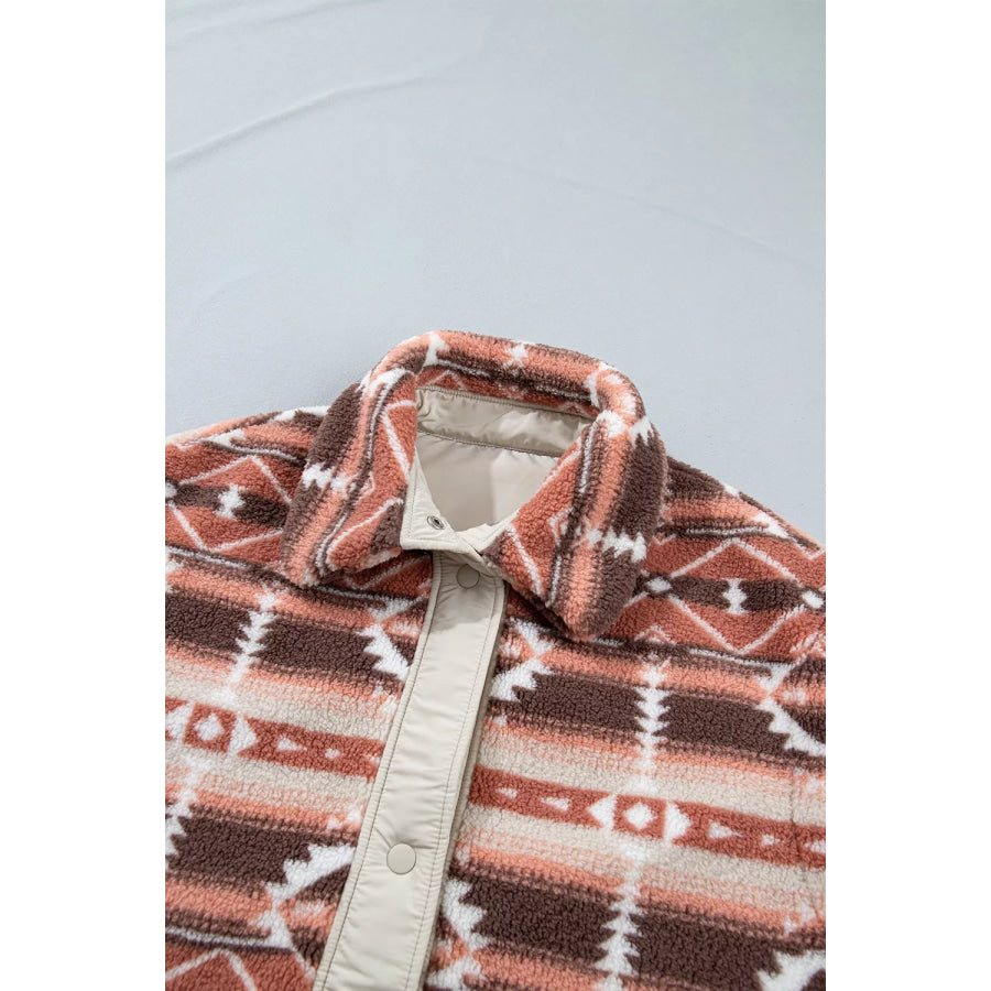 Geometric Print Fleece Metal Button Placket Shift Silhouette Vest Apparel and Accessories