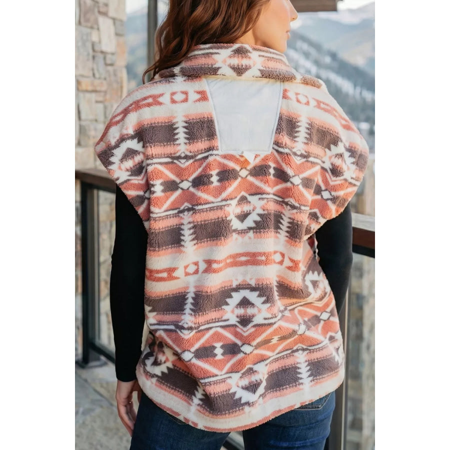 Geometric Print Fleece Metal Button Placket Shift Silhouette Vest Apparel and Accessories