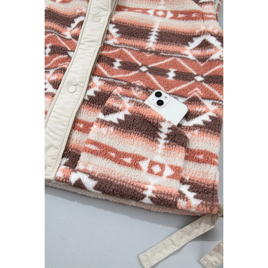 Geometric Print Fleece Metal Button Placket Shift Silhouette Vest Apparel and Accessories