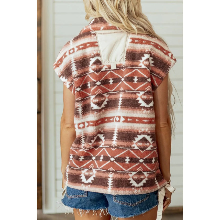 Geometric Print Fleece Metal Button Placket Shift Silhouette Vest Apparel and Accessories