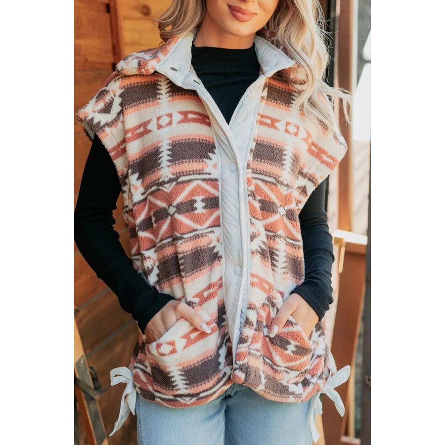Geometric Print Fleece Metal Button Placket Shift Silhouette Vest Apparel and Accessories