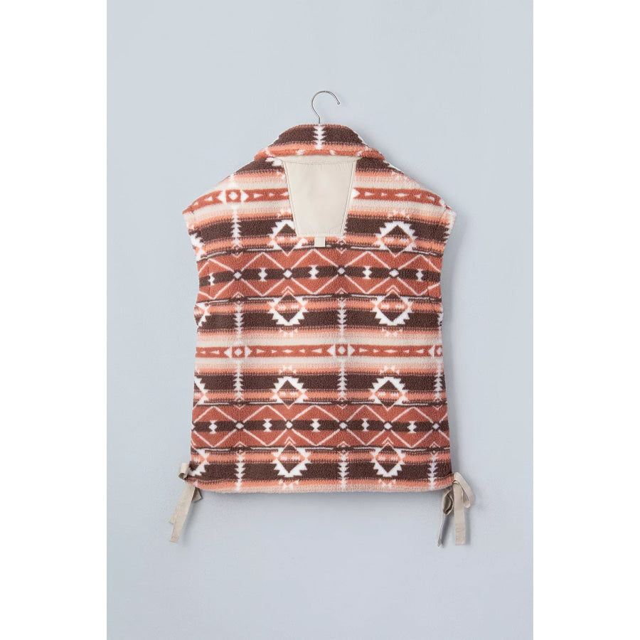 Geometric Print Fleece Metal Button Placket Shift Silhouette Vest Apparel and Accessories