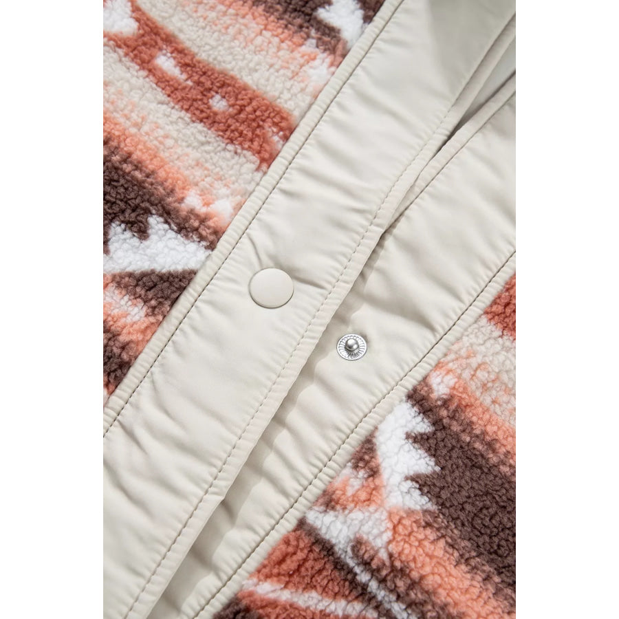 Geometric Print Fleece Metal Button Placket Shift Silhouette Vest Apparel and Accessories