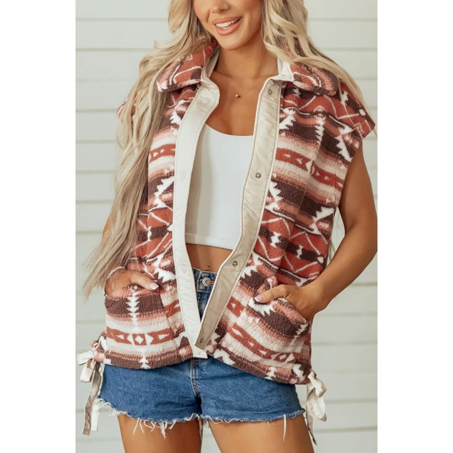 Geometric Print Fleece Metal Button Placket Shift Silhouette Vest Apparel and Accessories
