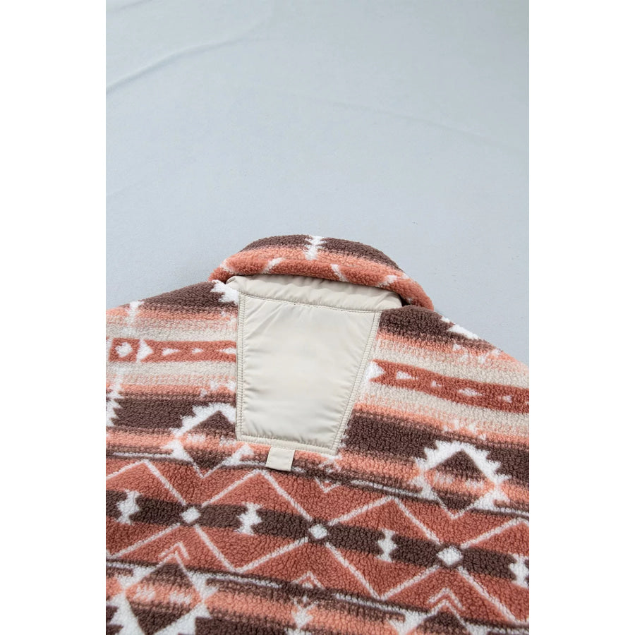 Geometric Print Fleece Metal Button Placket Shift Silhouette Vest Apparel and Accessories