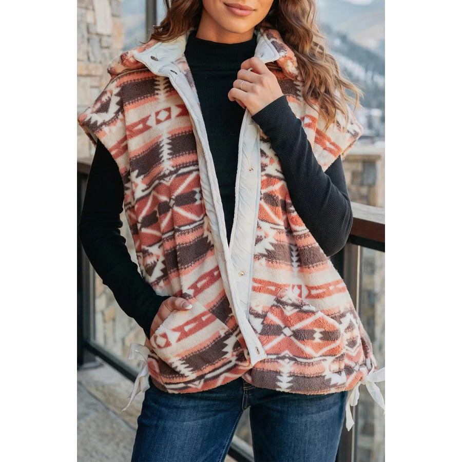 Geometric Print Fleece Metal Button Placket Shift Silhouette Vest Dusty Pink / S Apparel and Accessories