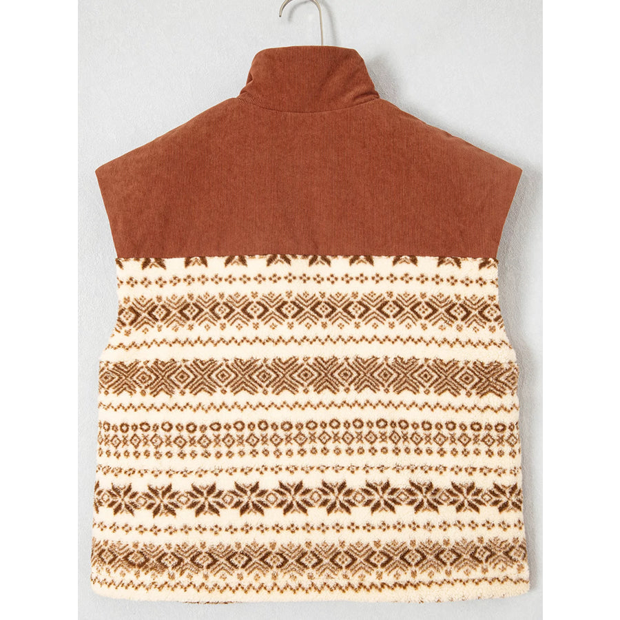 Geometric Print Fleece Metal Zipper Collar Patchwork Design Vest Apparel and Accessories