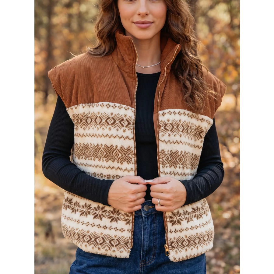 Geometric Print Fleece Metal Zipper Collar Patchwork Design Vest Apparel and Accessories