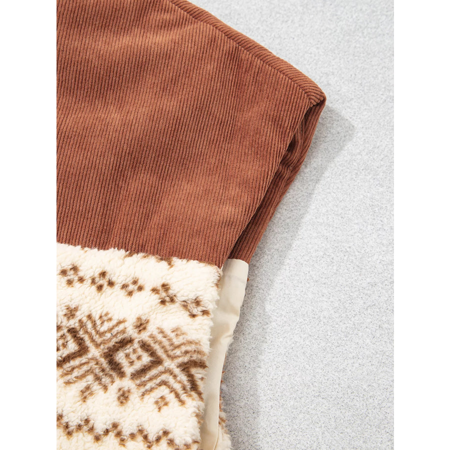 Geometric Print Fleece Metal Zipper Collar Patchwork Design Vest Apparel and Accessories