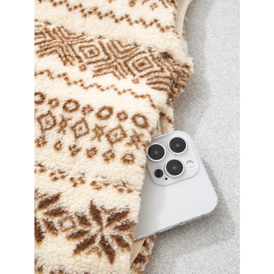 Geometric Print Fleece Metal Zipper Collar Patchwork Design Vest Apparel and Accessories