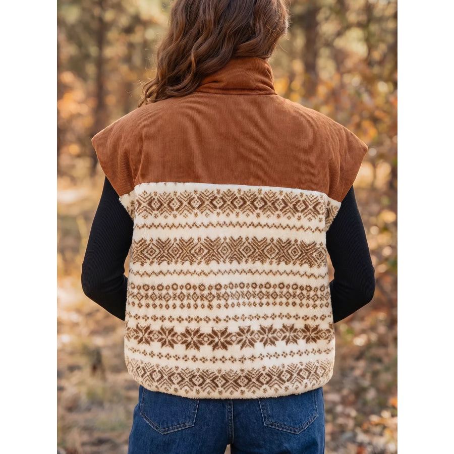 Geometric Print Fleece Metal Zipper Collar Patchwork Design Vest Apparel and Accessories