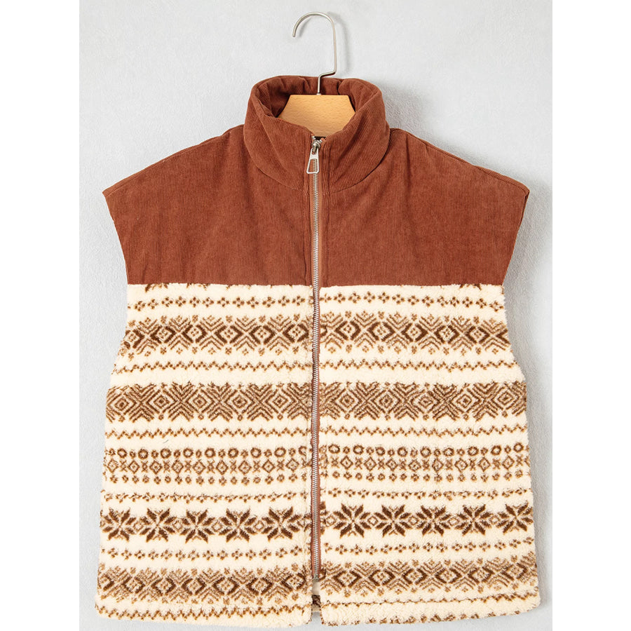 Geometric Print Fleece Metal Zipper Collar Patchwork Design Vest Apparel and Accessories