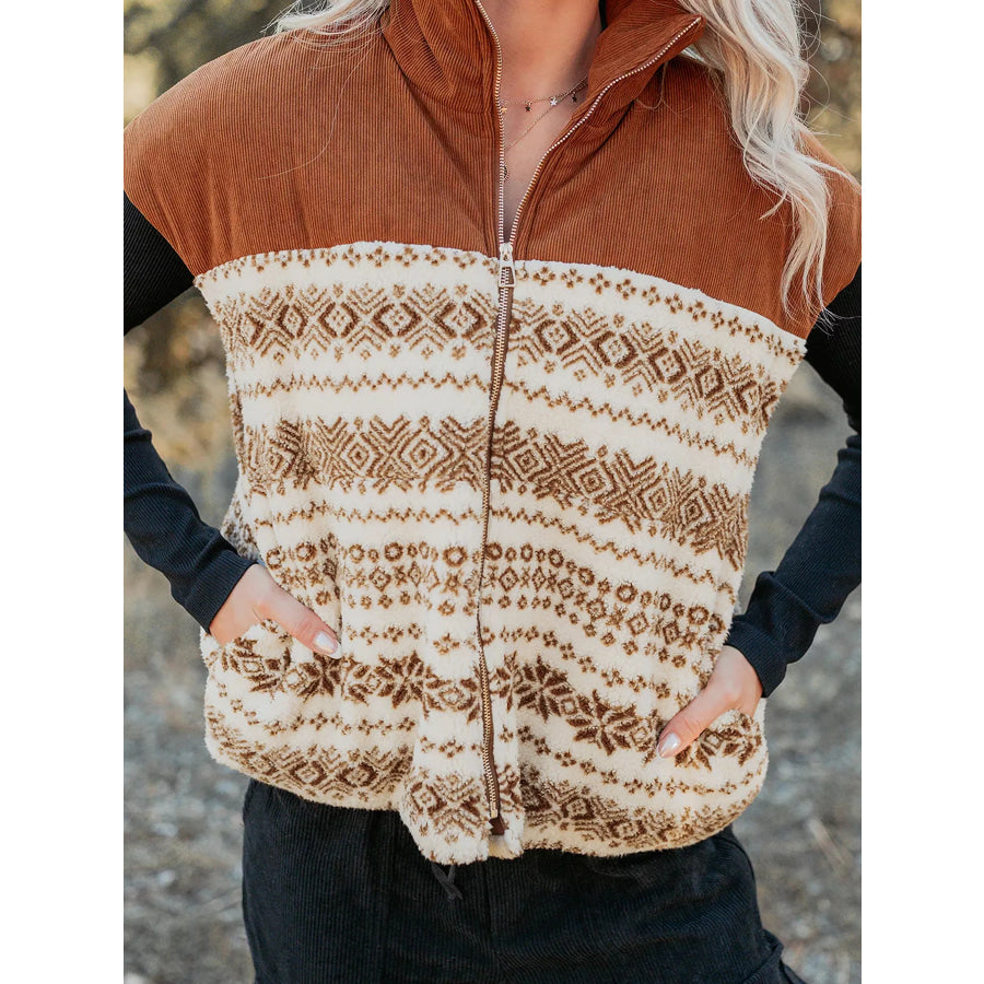 Geometric Print Fleece Metal Zipper Collar Patchwork Design Vest Caramel / S Apparel and Accessories