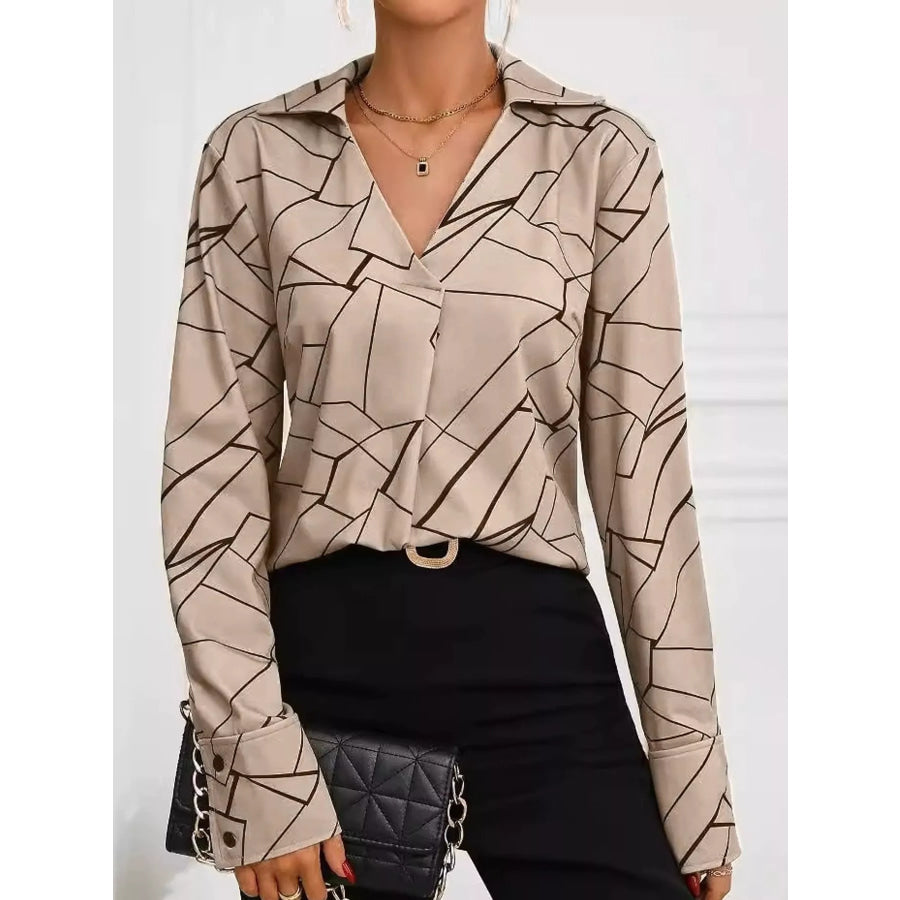 Geometric Print Long Sleeve Blouse Khaki / S Apparel and Accessories