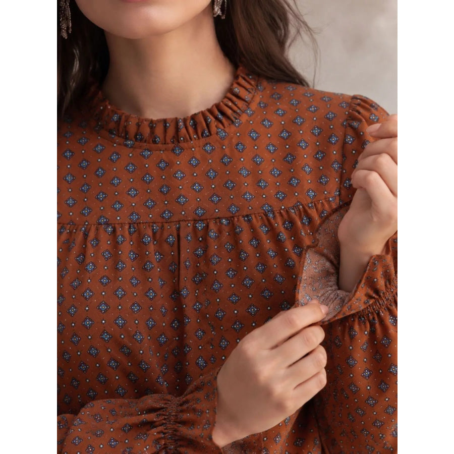 Geometric Print Mock Neck Puff Sleeves Blouse Apparel and Accessories