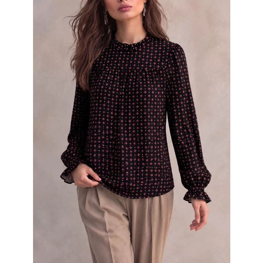 Geometric Print Mock Neck Puff Sleeves Blouse Apparel and Accessories