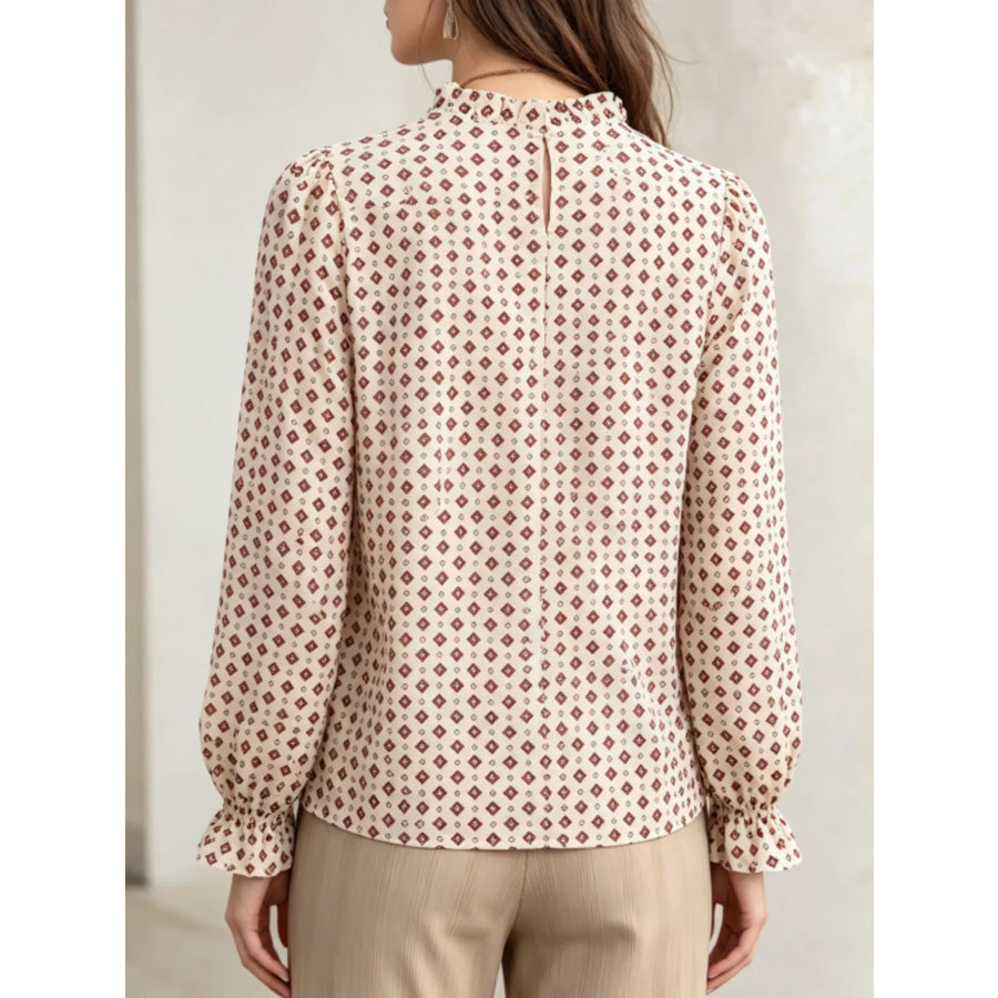 Geometric Print Mock Neck Puff Sleeves Blouse Apparel and Accessories