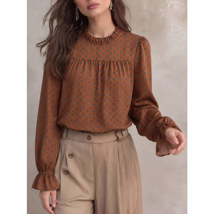 Geometric Print Mock Neck Puff Sleeves Blouse Apparel and Accessories