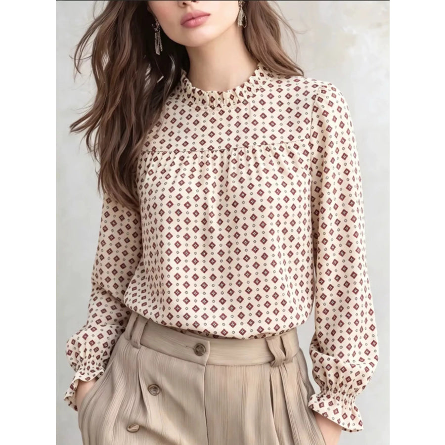 Geometric Print Mock Neck Puff Sleeves Blouse Apricot / S Apparel and Accessories