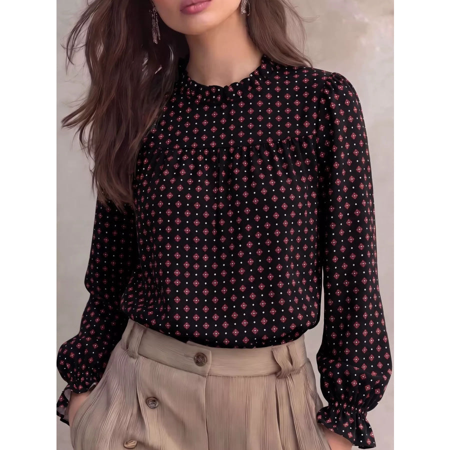 Geometric Print Mock Neck Puff Sleeves Blouse Black / S Apparel and Accessories