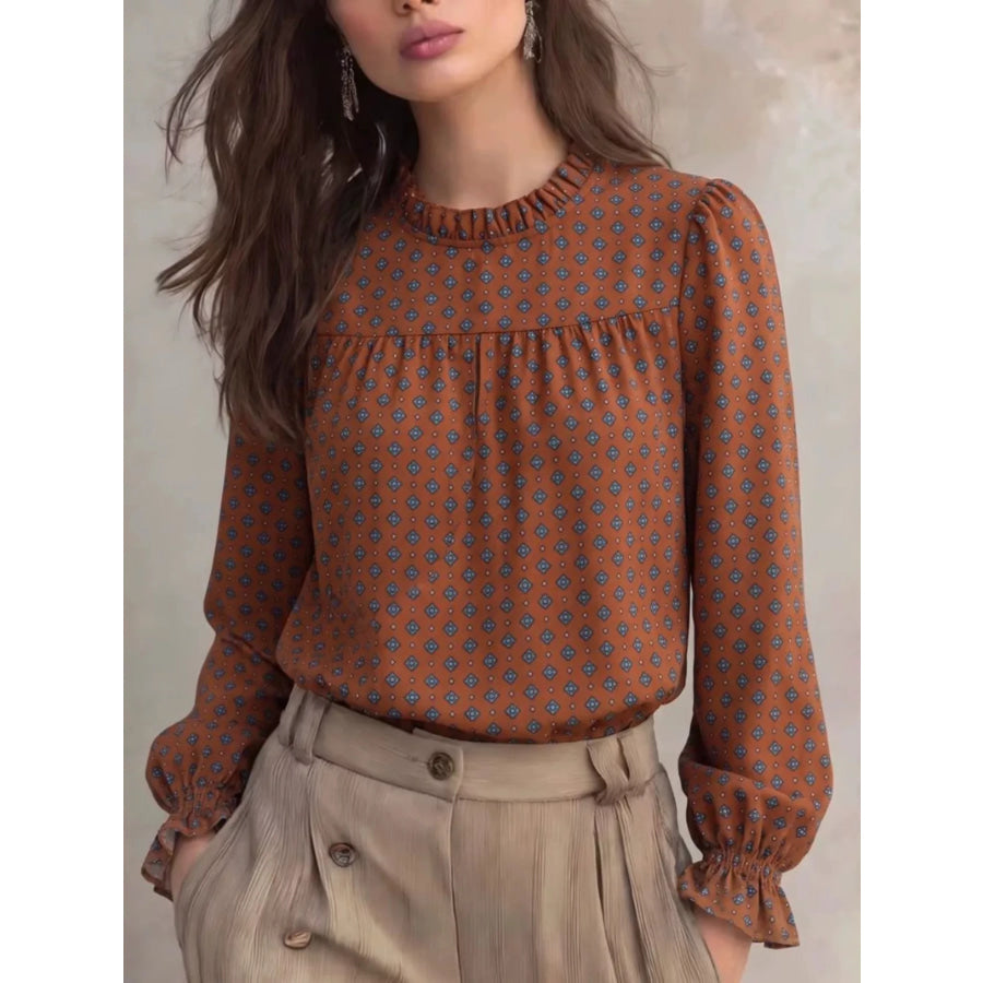 Geometric Print Mock Neck Puff Sleeves Blouse Coffee Brown / S Apparel and Accessories