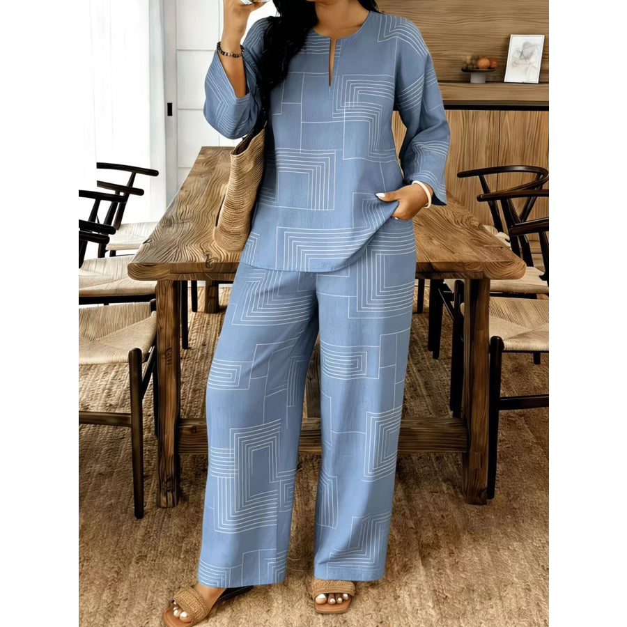 Geometric Print Relaxed Fit Top and Pants Set Blue / S Apparel and Accessories