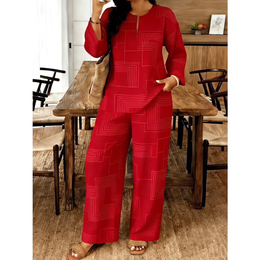 Geometric Print Relaxed Fit Top and Pants Set Deep Red / S Apparel and Accessories