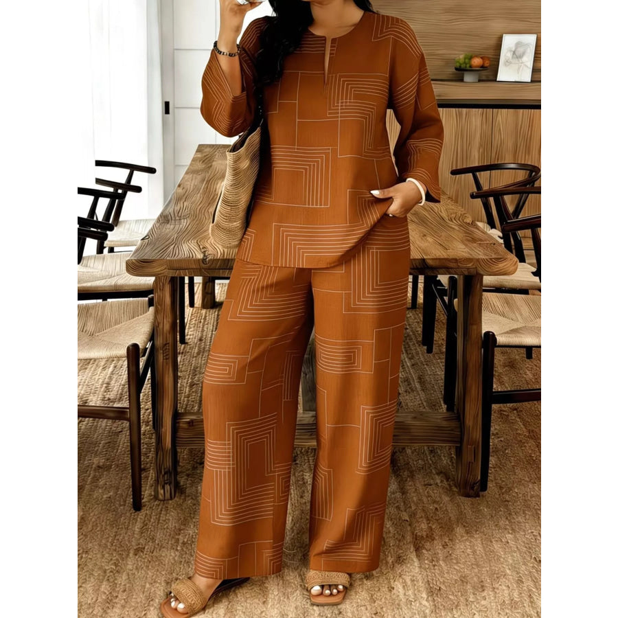Geometric Print Relaxed Fit Top and Pants Set Gold / S Apparel and Accessories
