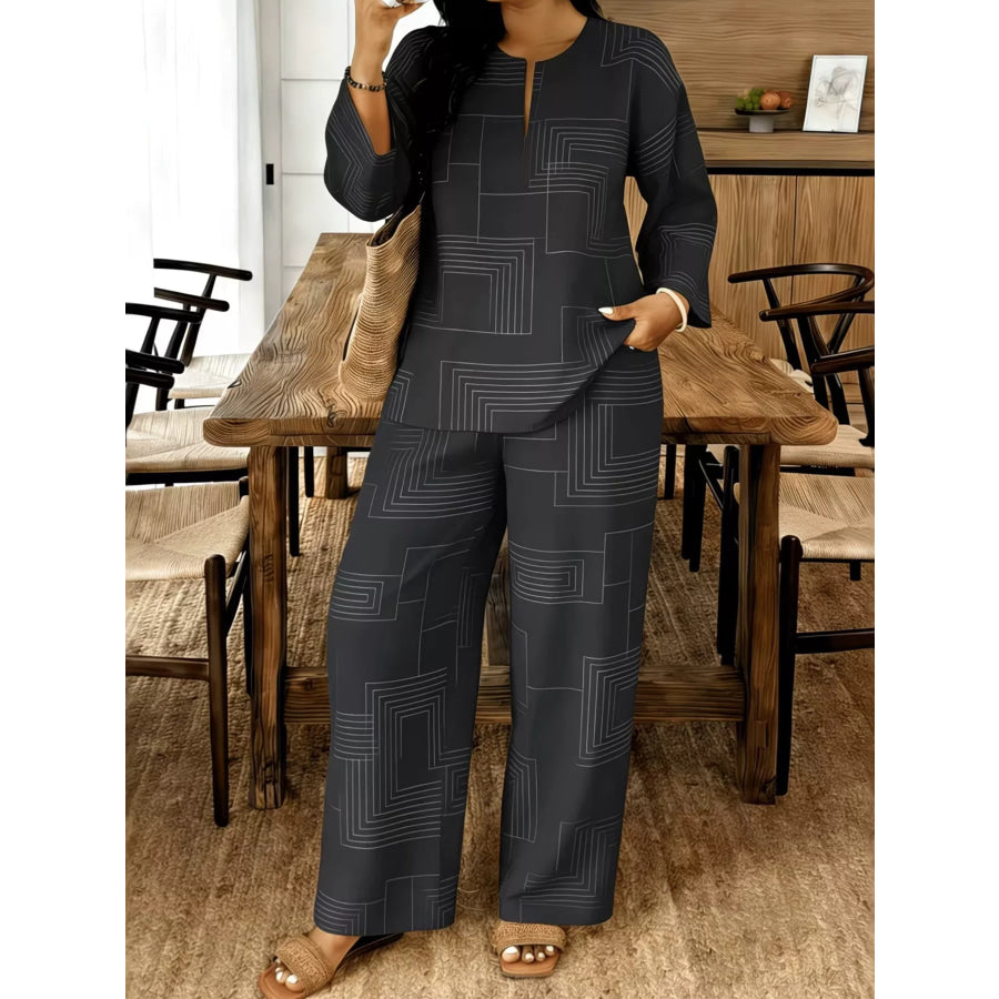 Geometric Print Relaxed Fit Top and Pants Set Gray / S Apparel and Accessories