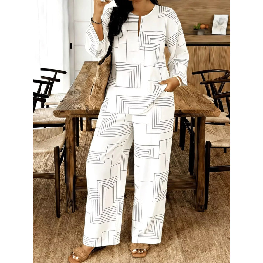 Geometric Print Relaxed Fit Top and Pants Set White / S Apparel and Accessories