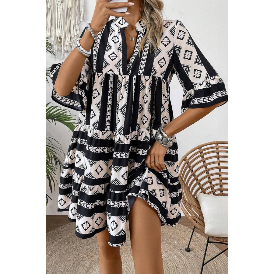 Geometric Print Ruffle Hem Mini Dress Black / S Apparel and Accessories