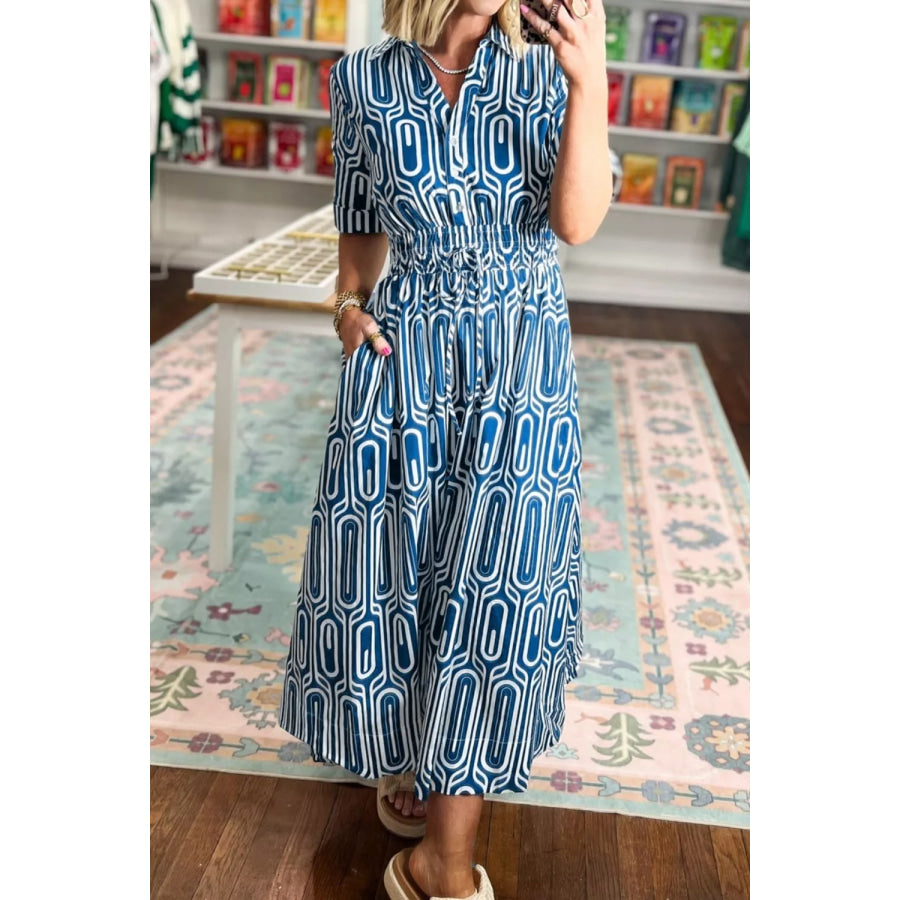 Geometric Print Short Sleeve Drawstring Shirt Collar Dress Apparel and Accessories