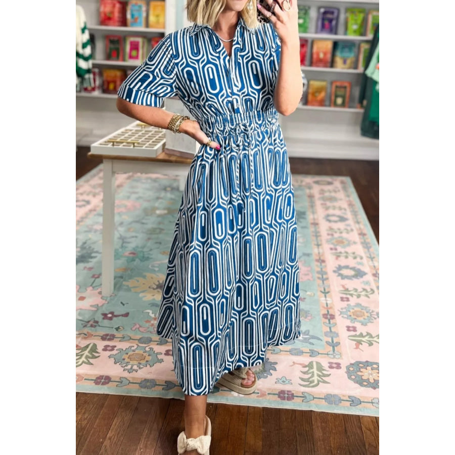 Geometric Print Short Sleeve Drawstring Shirt Collar Dress Apparel and Accessories