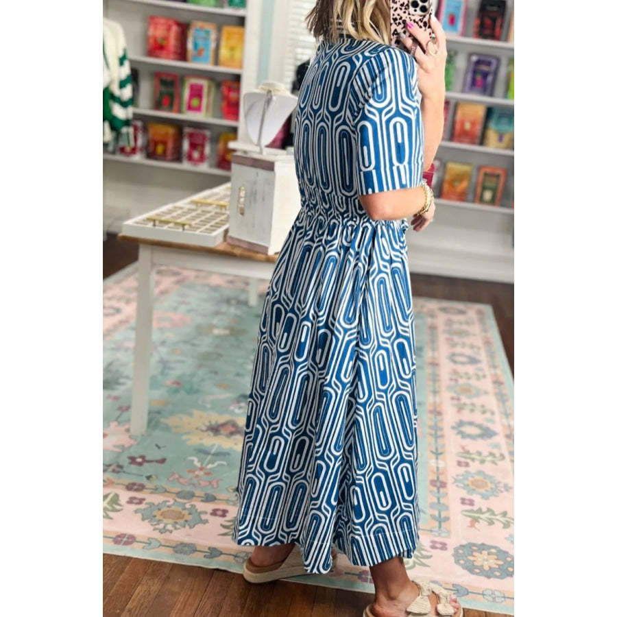 Geometric Print Short Sleeve Drawstring Shirt Collar Dress Apparel and Accessories