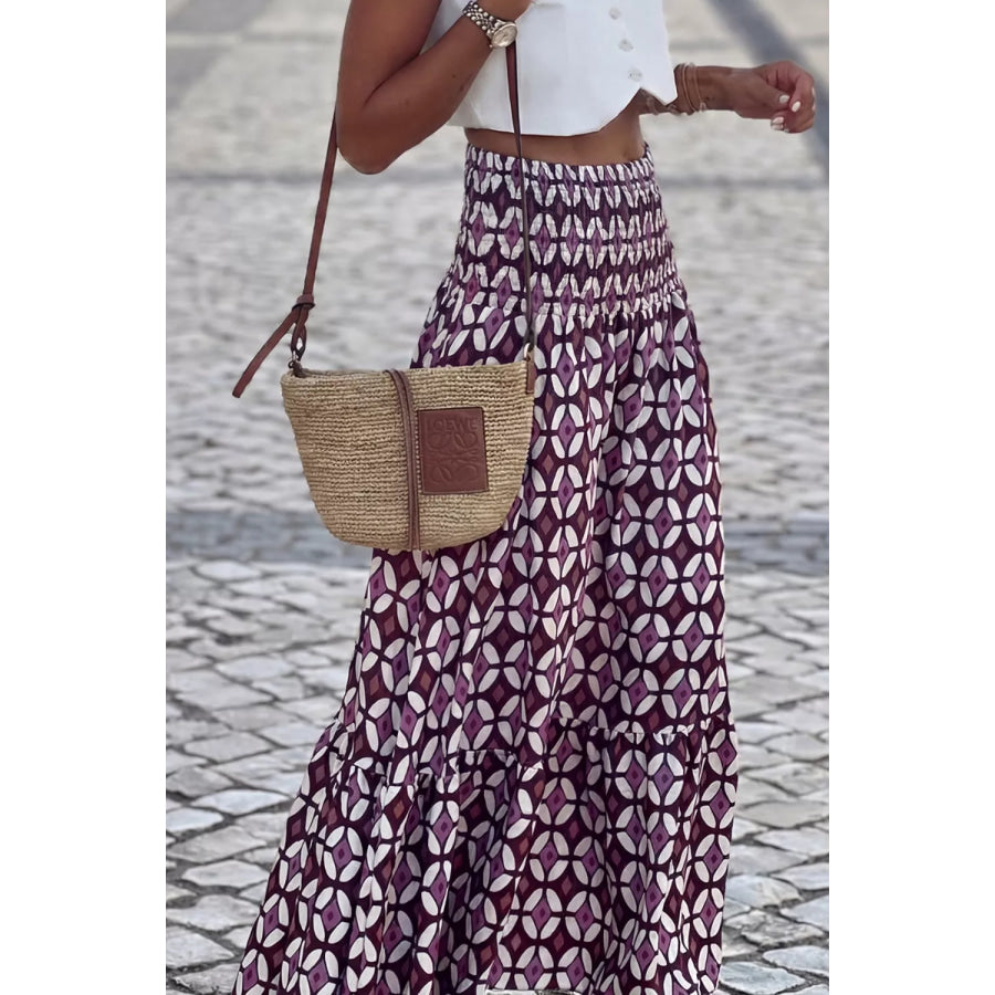 Geometric Print Smocked Waist Maxi Skirt Mauve / S Apparel and Accessories