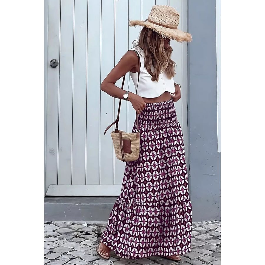 Geometric Print Smocked Waist Maxi Skirt Apparel and Accessories