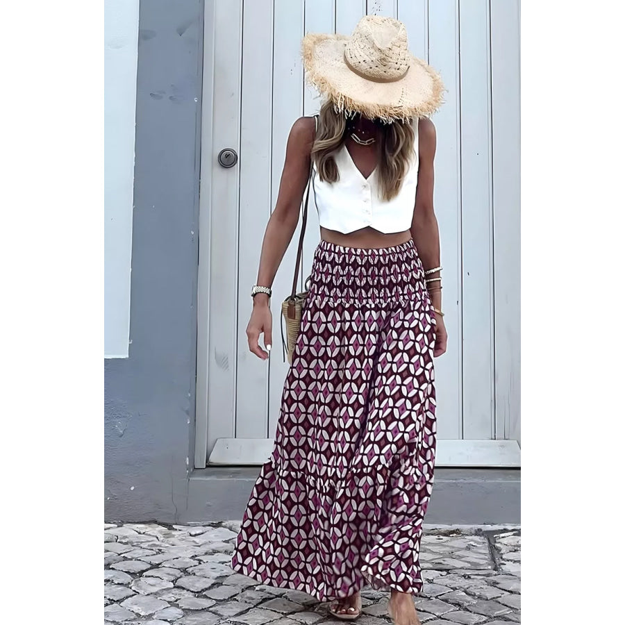 Geometric Print Smocked Waist Maxi Skirt Apparel and Accessories