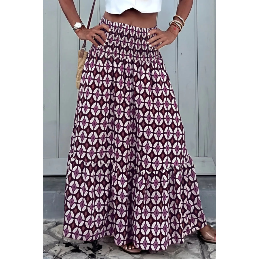 Geometric Print Smocked Waist Maxi Skirt Mauve / S Apparel and Accessories