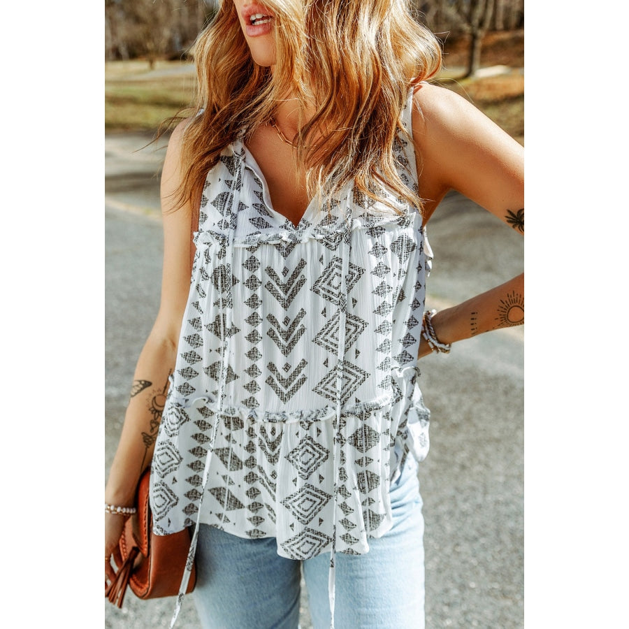 Geometric Print Tie-Neck Frill Trim Tank