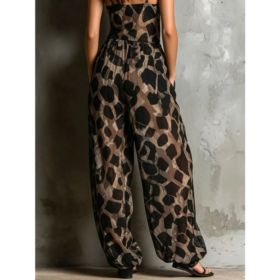 Geometric Print Wide-Leg Jumpsuit with Front Tie Detail Apparel and Accessories