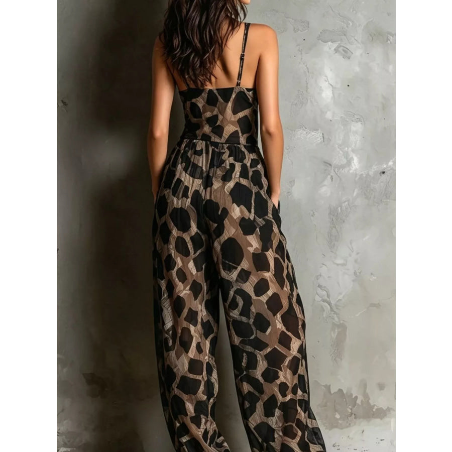 Geometric Print Wide-Leg Jumpsuit with Front Tie Detail Apparel and Accessories