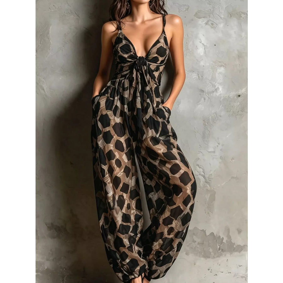 Geometric Print Wide-Leg Jumpsuit with Front Tie Detail Leopard / S Apparel and Accessories