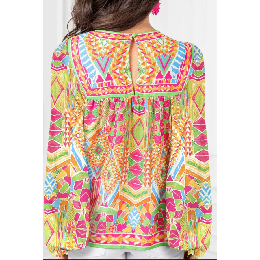 Geometric Printed Round Neck Long Sleeve Blouse Hot Pink / S Apparel and Accessories