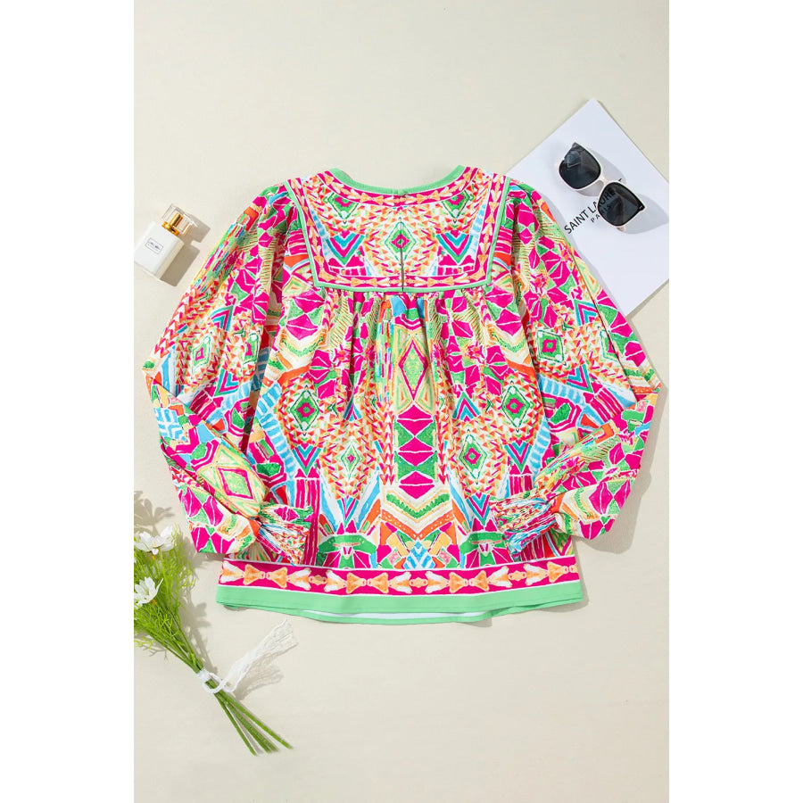 Geometric Printed Round Neck Long Sleeve Blouse Apparel and Accessories