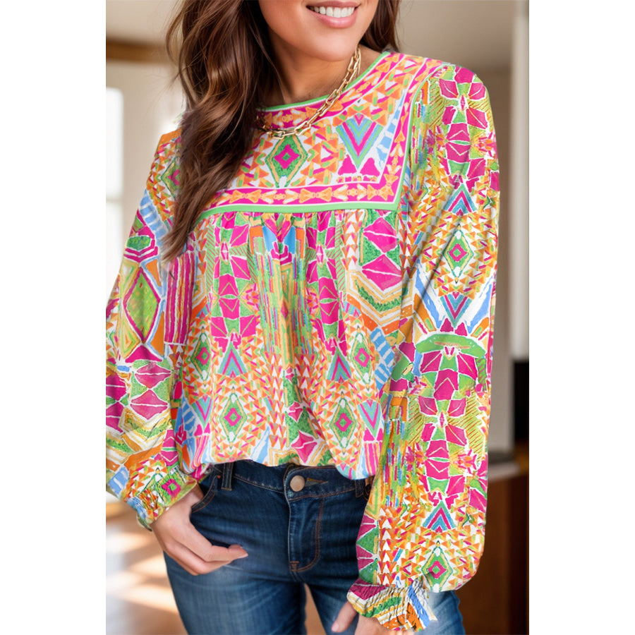 Geometric Printed Round Neck Long Sleeve Blouse Hot Pink / S Apparel and Accessories