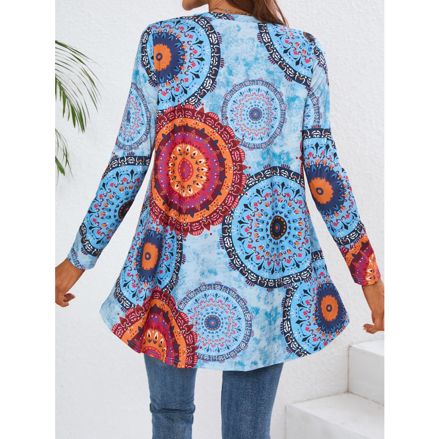 Geometric Printed V-Neck Long Sleeve T-Shirt Pastel Blue / S Apparel and Accessories