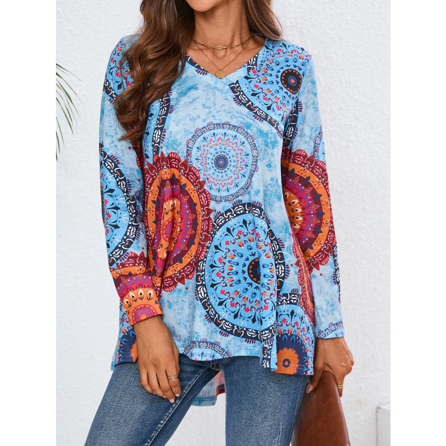 Geometric Printed V-Neck Long Sleeve T-Shirt Apparel and Accessories