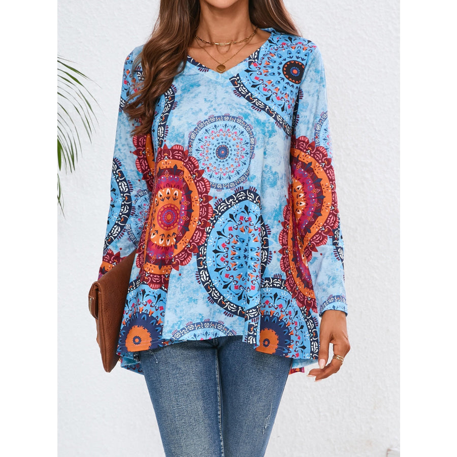 Geometric Printed V-Neck Long Sleeve T-Shirt Pastel Blue / S Apparel and Accessories