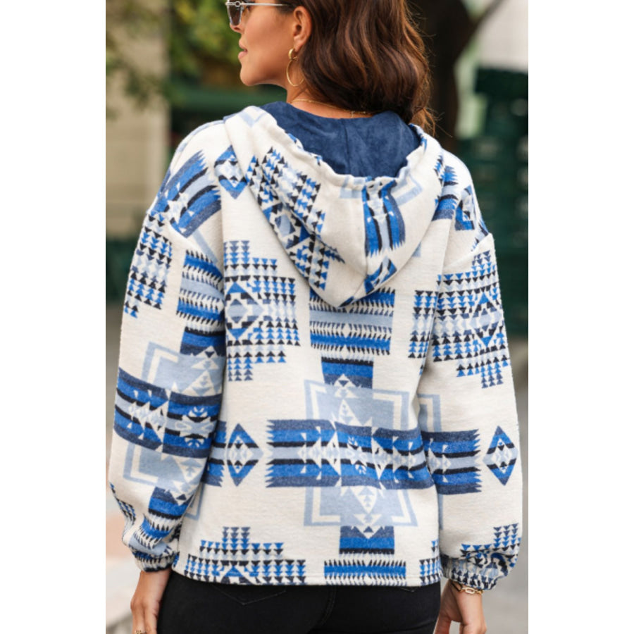 Geometric Quarter Zip Long Sleeve Hoodie French Blue / S Apparel and Accessories