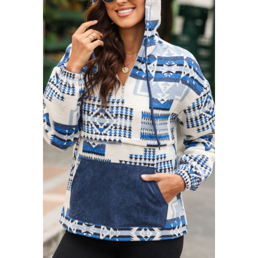 Geometric Quarter Zip Long Sleeve Hoodie Apparel and Accessories